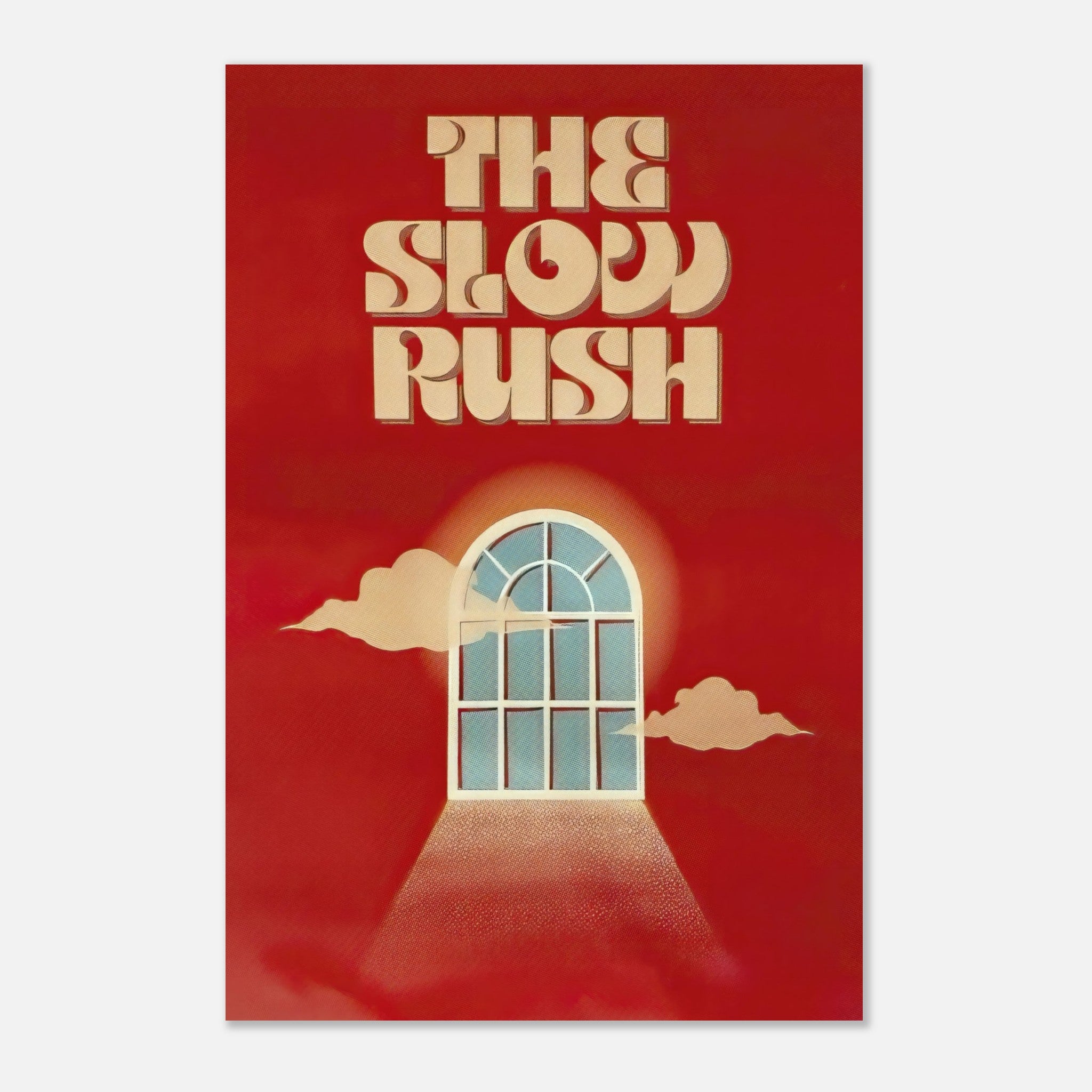 The Slow Rush metal poster featuring vibrant red hues and a dreamy arched window design.