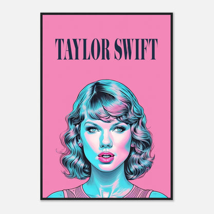 Taylor Swift vibrant pop art framed poster with bold pink background and turquoise accents. Perfect for fans and art lovers.