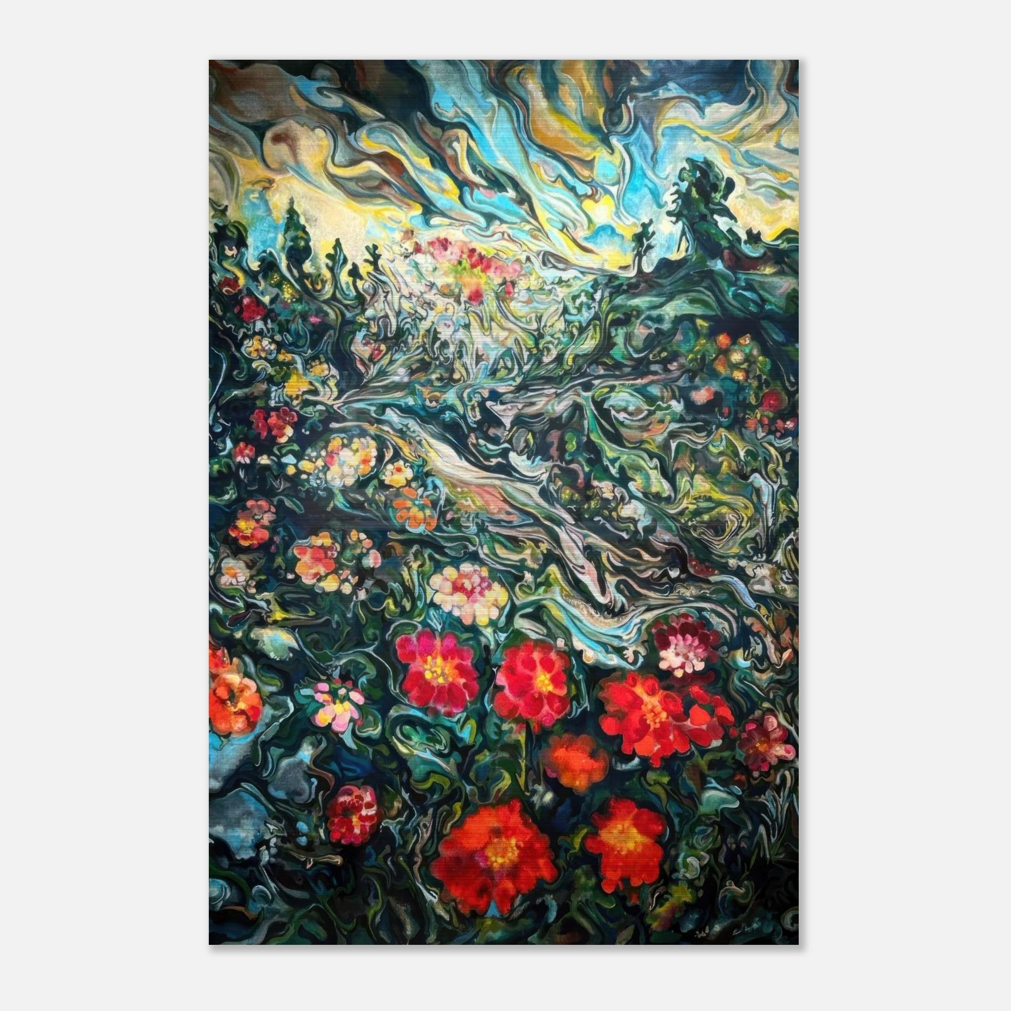 Vibrant abstract floral landscape painting on brushed metal with swirling colors and luminous details.