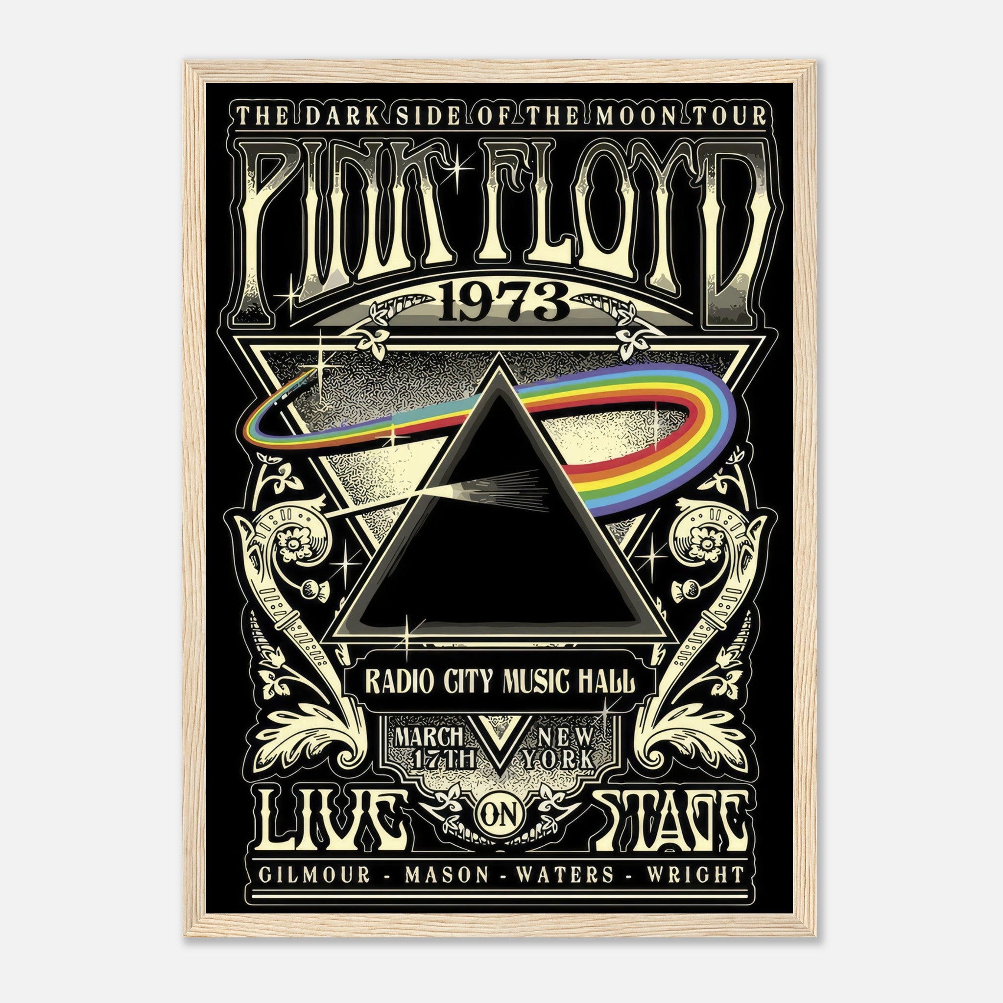 Framed print of Pink Floyd's 1973 Dark Side of the Moon tour poster, featuring iconic prism design and event details.