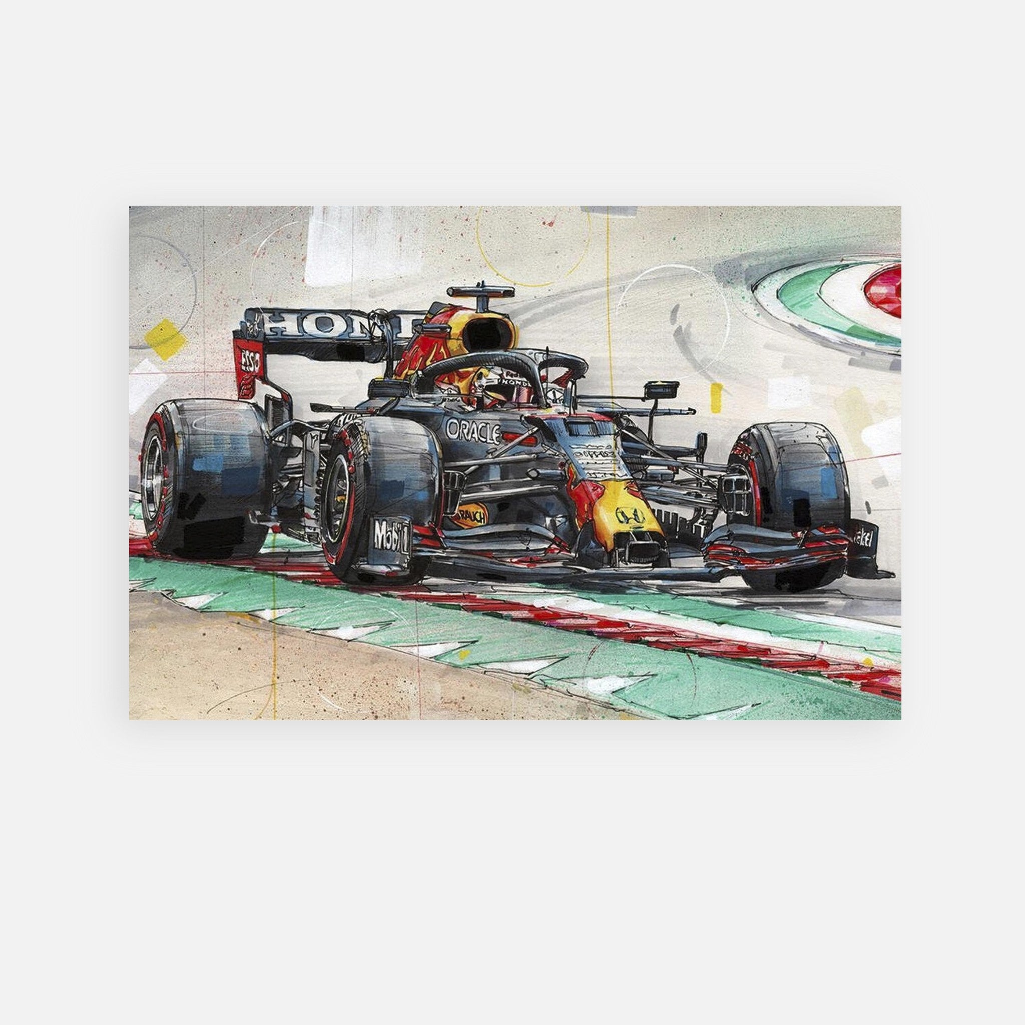 Max Verstappen Red Bull F1 car metal print showcasing dynamic racing energy and vibrant colors.