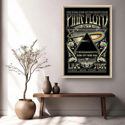 Framed Pink Floyd The Dark Side of the Moon canvas print showcasing 1973 Radio City Music Hall tour artwork in modern decor setting.