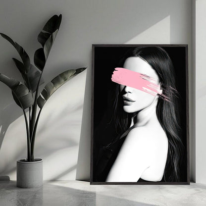 Vintage framed print "Pink Blindness" featuring a monochrome portrait with a pink brushstroke obscuring the eyes.