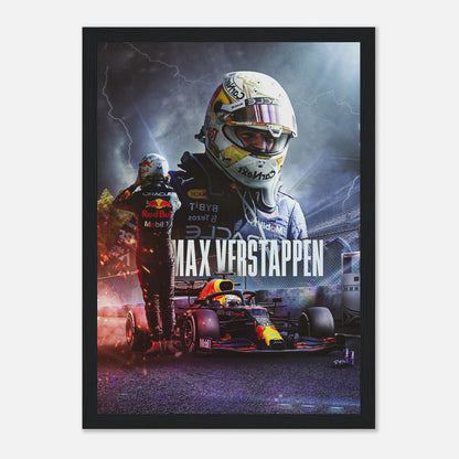 Max Verstappen framed print showcasing the Red Bull Racing driver with vibrant artwork and dynamic racing imagery.