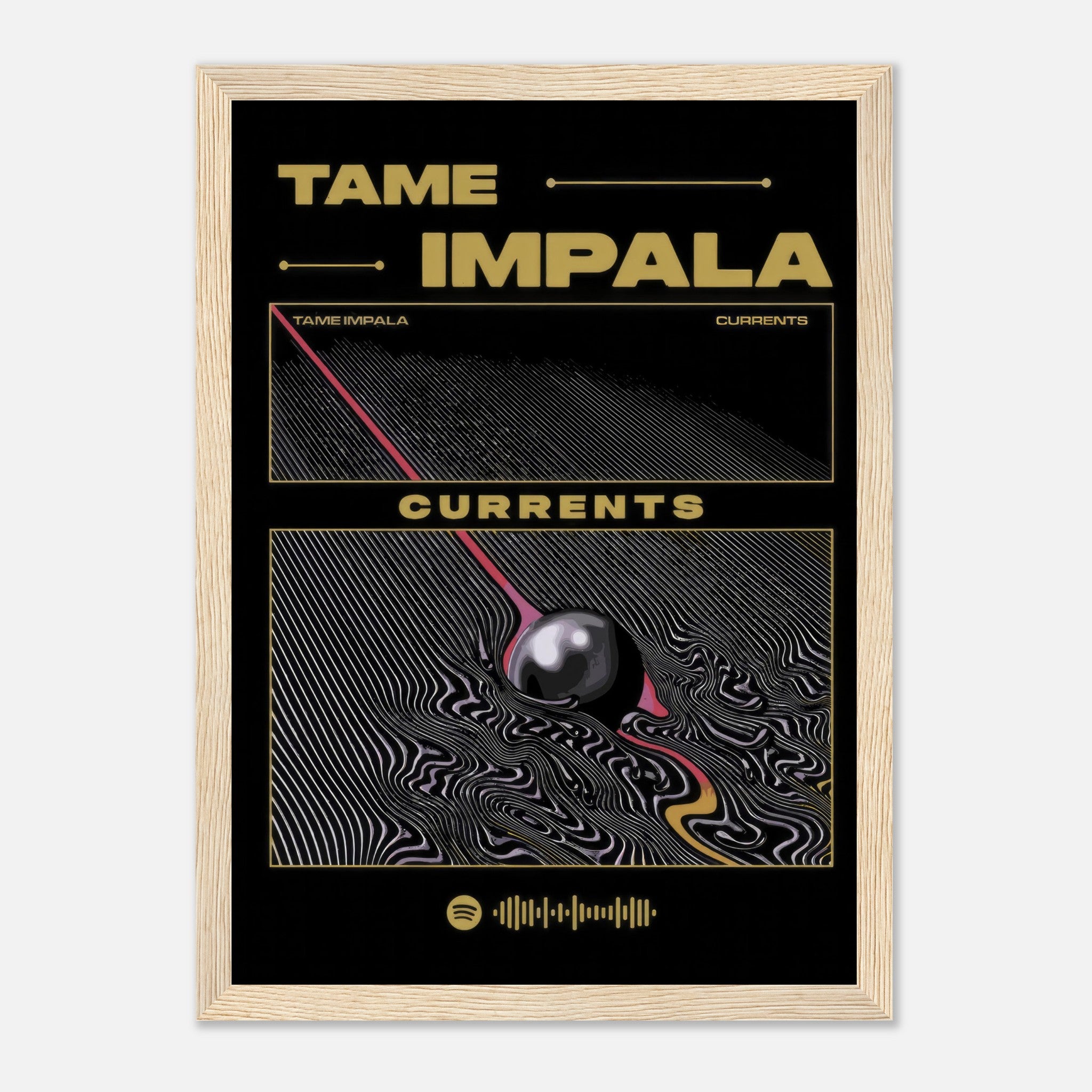 Tame Impala Currents framed poster featuring iconic album cover art with psychedelic design and bold colors.