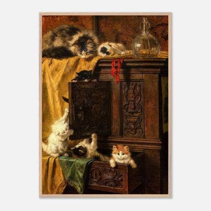 Vintage cat painting featuring playful kittens atop an ornate cabinet, capturing 19th-century fine art charm.