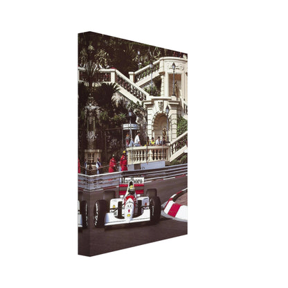 Ayrton Senna racing in Monaco captured on premium canvas, showcasing motorsport history and vibrant colors.