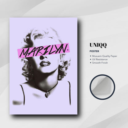 Marilyn Monroe poster in black and white with pink overlay, highlighting vintage glamour and modern design.