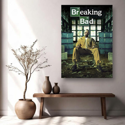 Walter White metal poster in yellow hazmat suit, Breaking Bad theme, enhancing modern home decor.