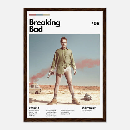 Retro Breaking Bad framed poster featuring Walter White in desert, holding a gun in a bold, eye-catching design.