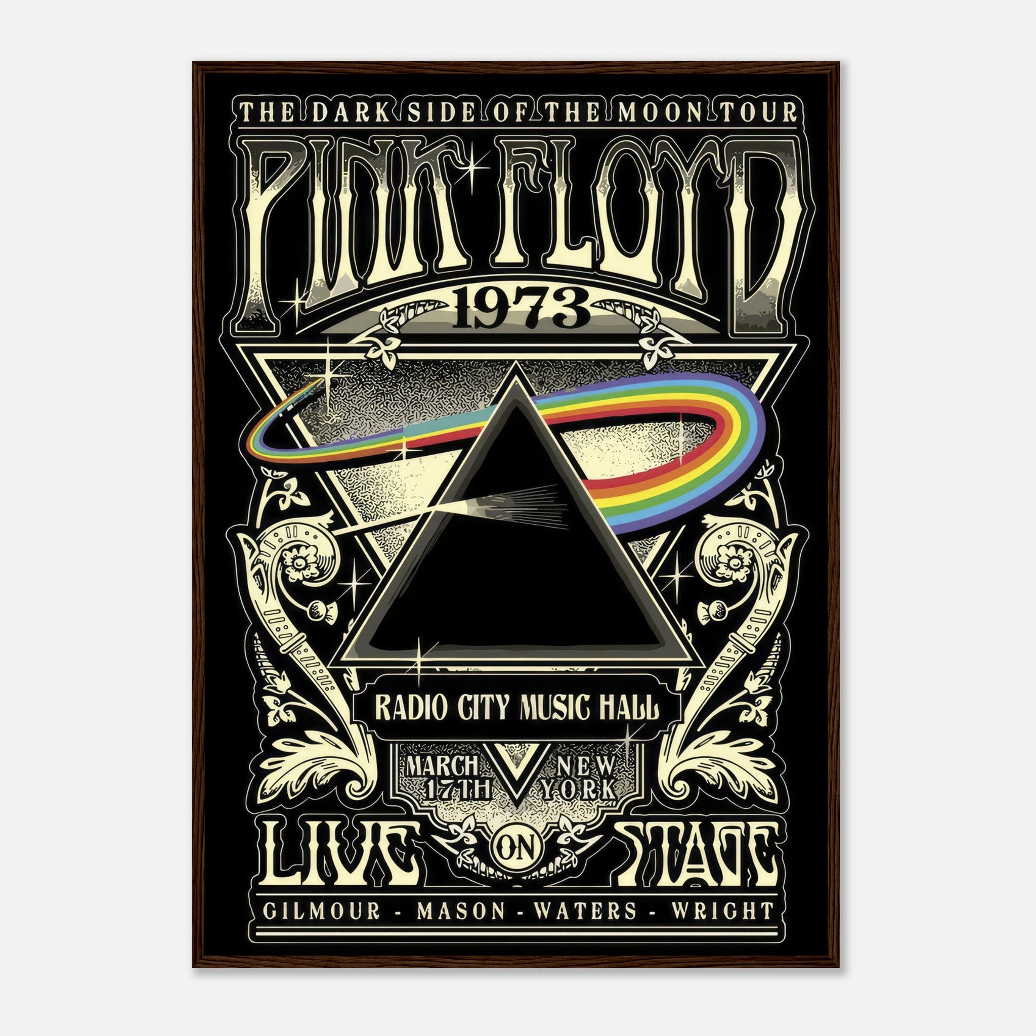 Pink Floyd 1973 Dark Side of the Moon tour poster framed print showcasing iconic prism and spectrum design.