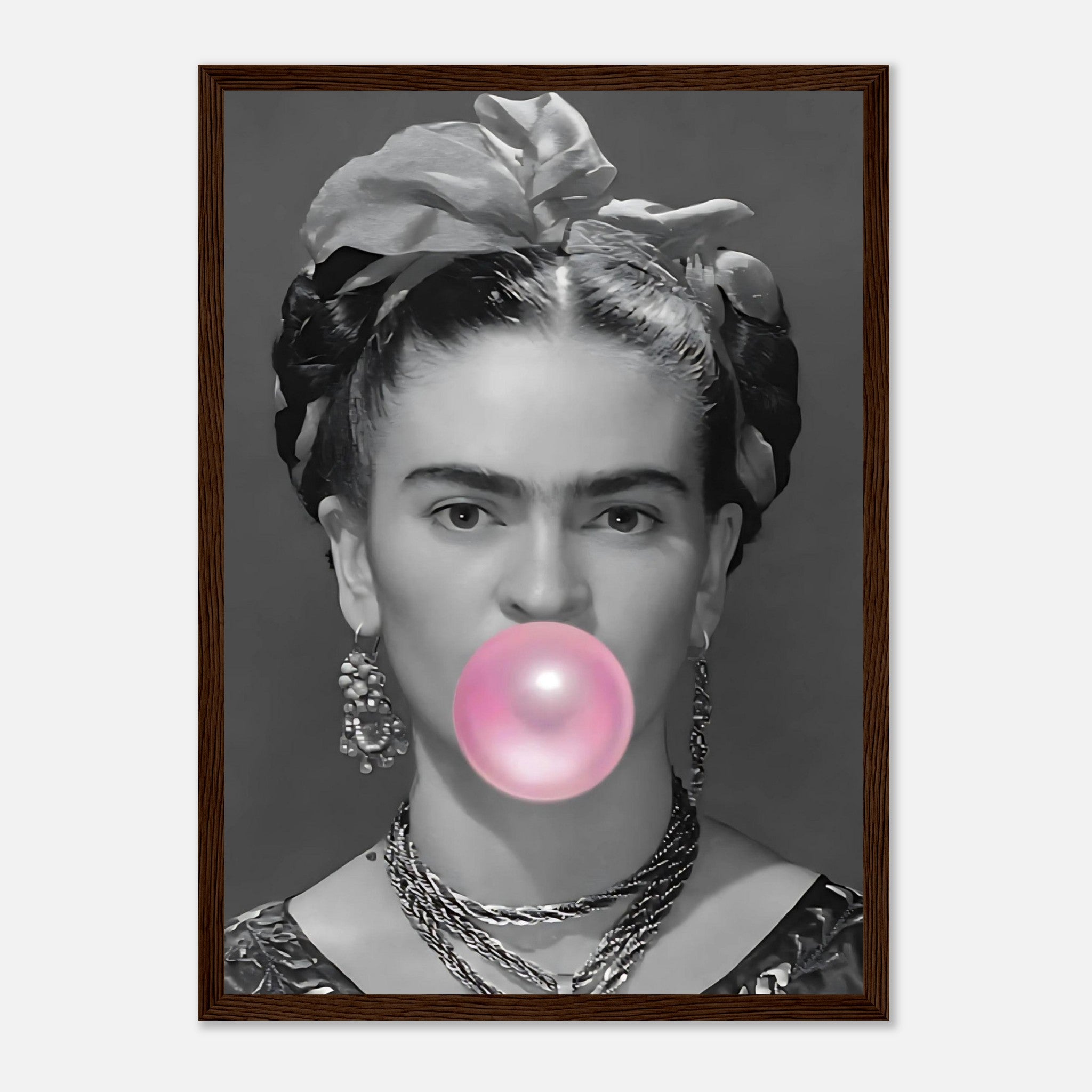 Frida Kahlo Bubble Gum framed art print featuring a black and white portrait with a pink bubble gum bubble.