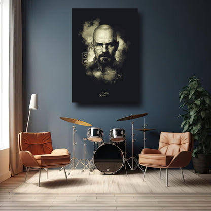 Stylish living room with Walter White Heisenberg metal poster and modern drum set decor. Perfect for Breaking Bad fans.