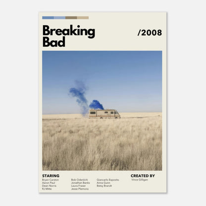 Vintage Breaking Bad poster featuring an RV and blue smoke in a serene desert landscape, created by Vince Gilligan.