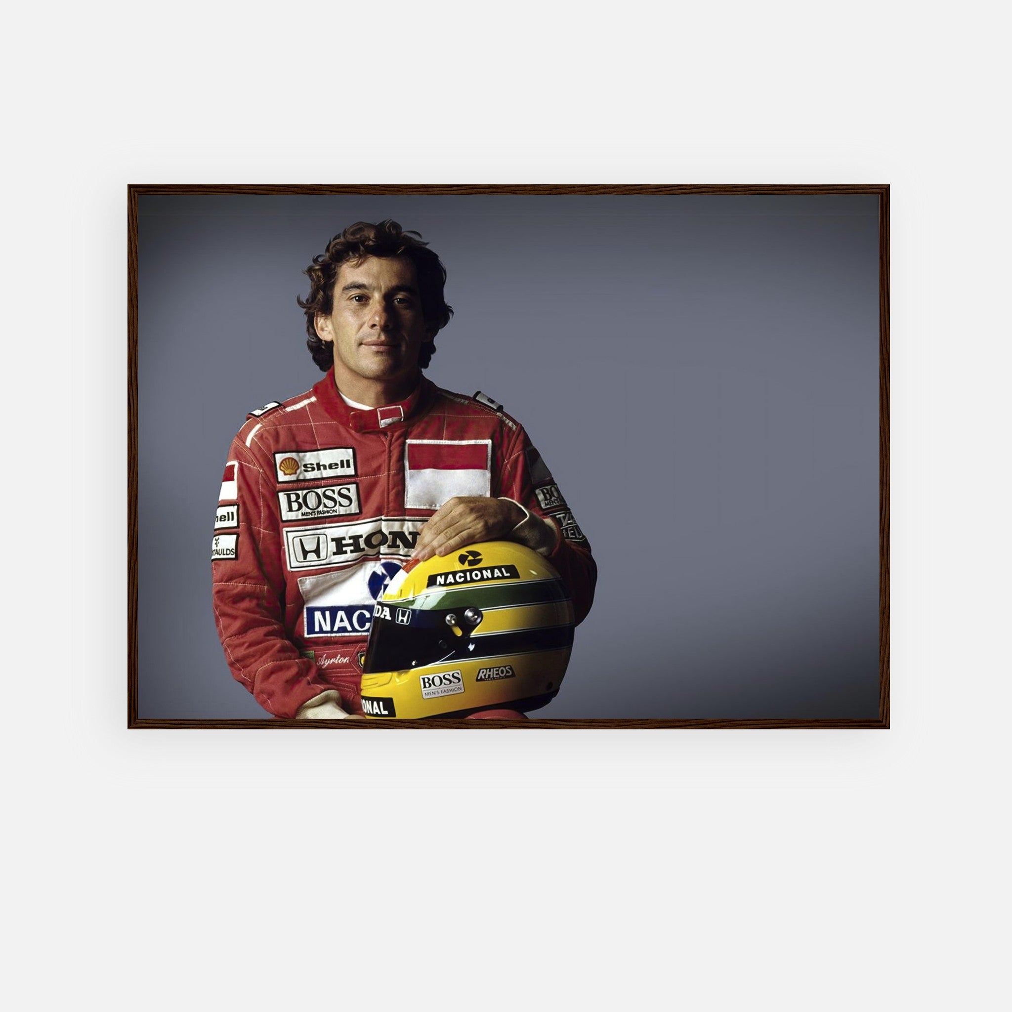 Ayrton Senna framed print, high-resolution, motorsport icon, perfect for Formula 1 fans' decor.