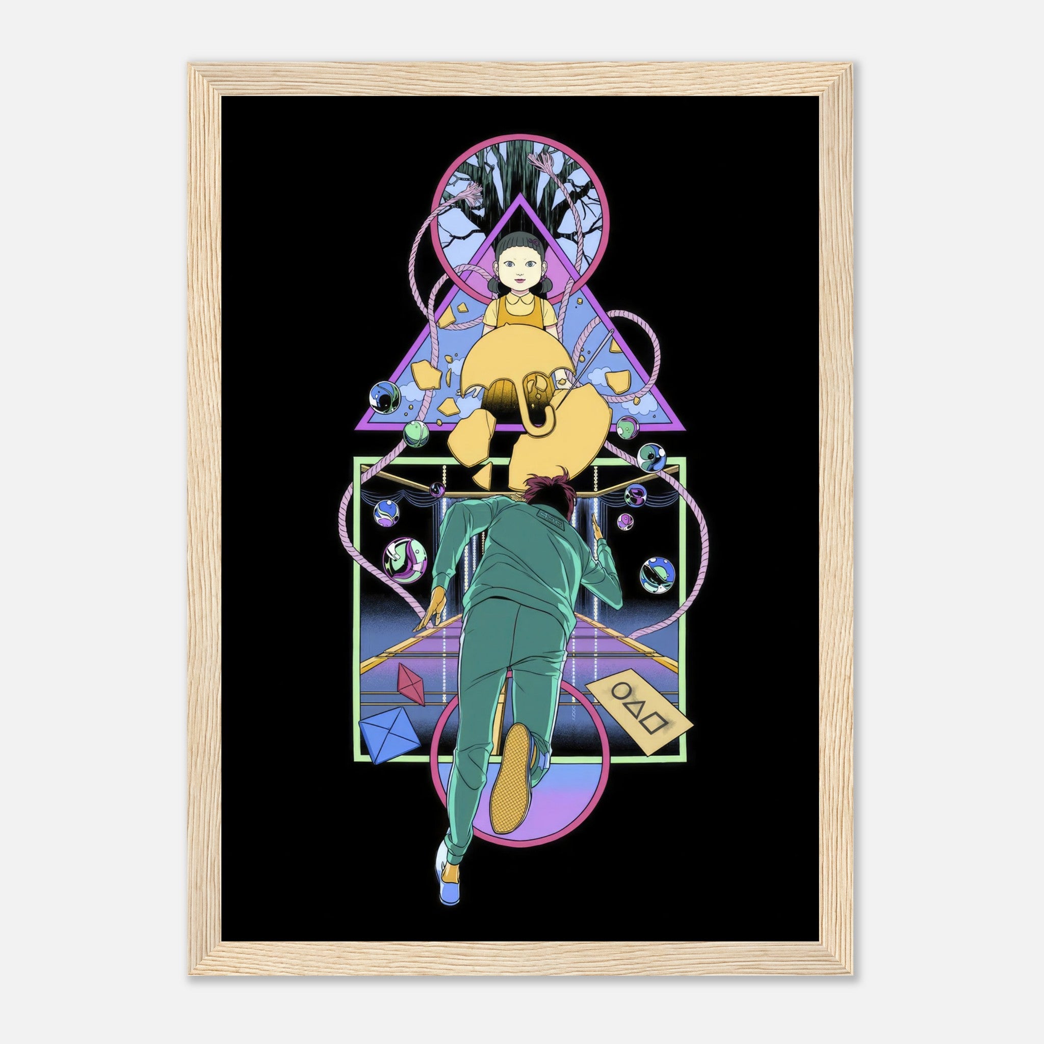 Doll Squid Game framed print featuring iconic doll and player in vibrant colors and intricate details.