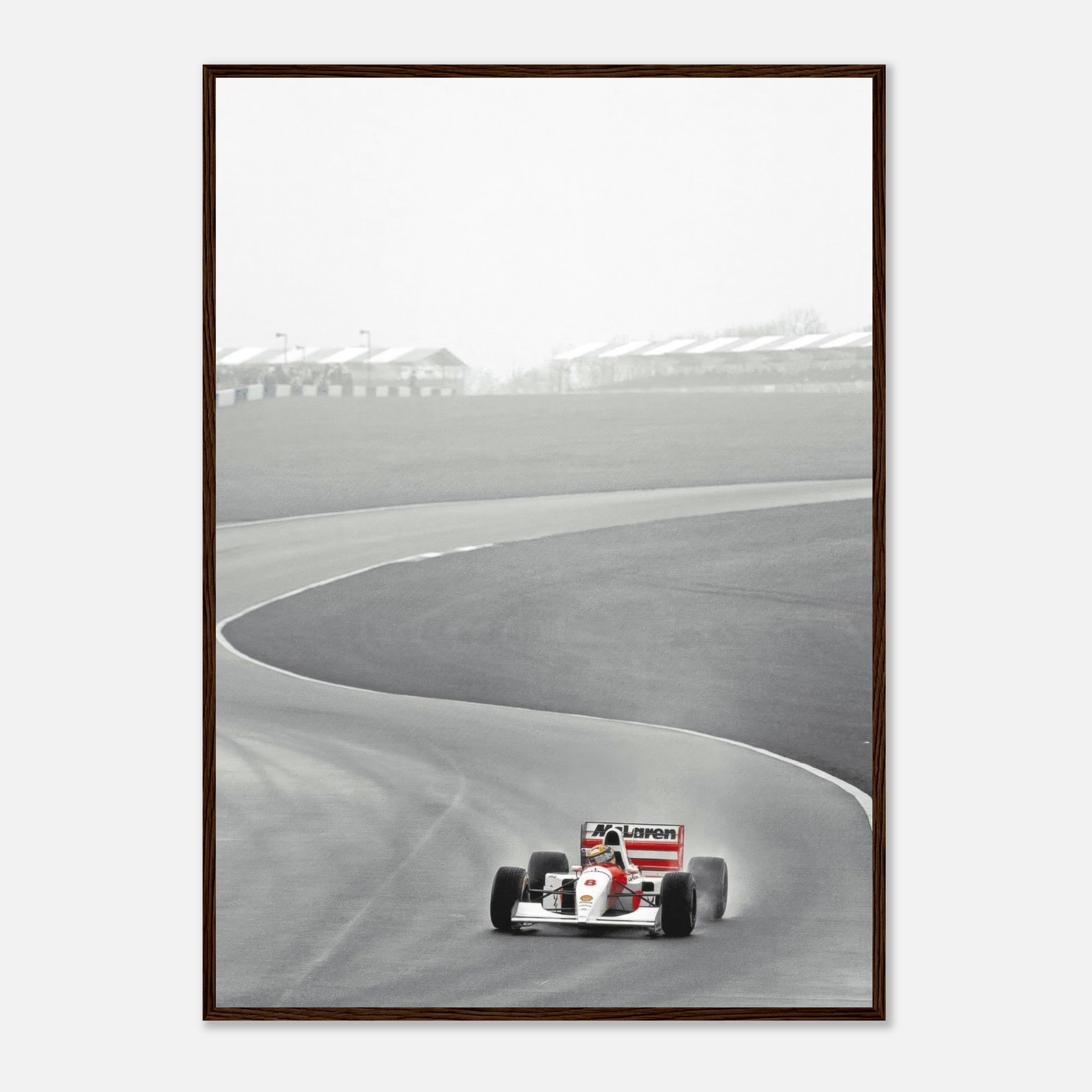 1988 Ayrton Senna racing the McLaren MP4/4 in black and white framed print, capturing motorsport history.