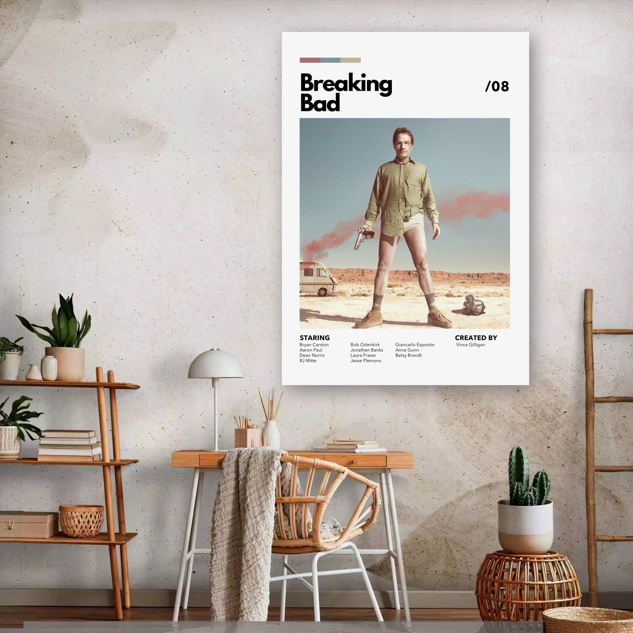 Retro Breaking Bad metal print featuring Walter White in desert attire, perfect for home décor and fans of the series.