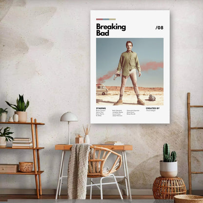 Retro Breaking Bad metal print featuring Walter White in desert attire, perfect for home décor and fans of the series.