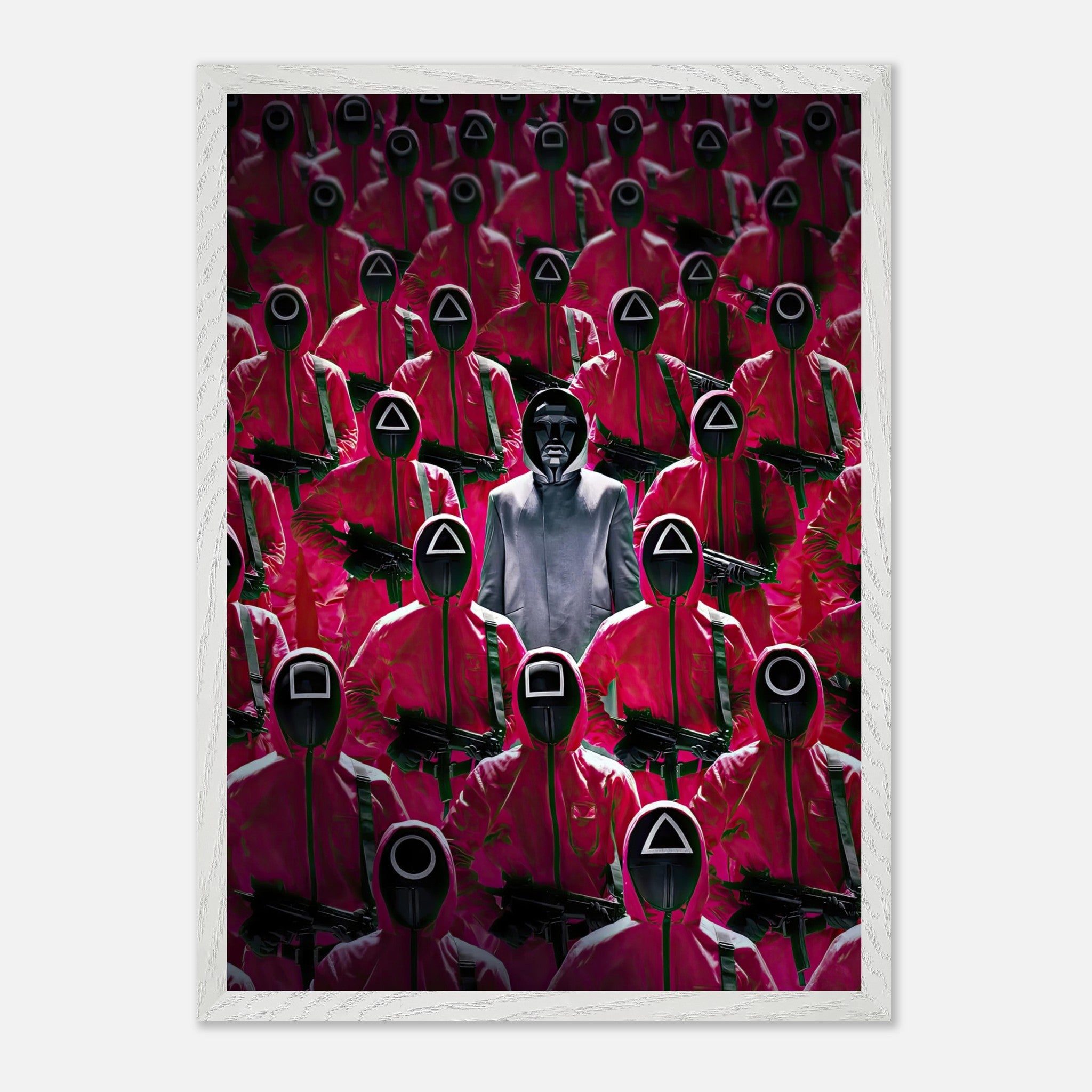 Squid Game Guards Fine Art Print featuring iconic pink guards and the Front Man in detail. Perfect for fans of the series.