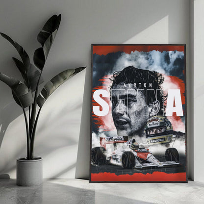 Ayrton Senna framed fine art print featuring vibrant colors and sharp details, perfect for F1 enthusiasts and art lovers.