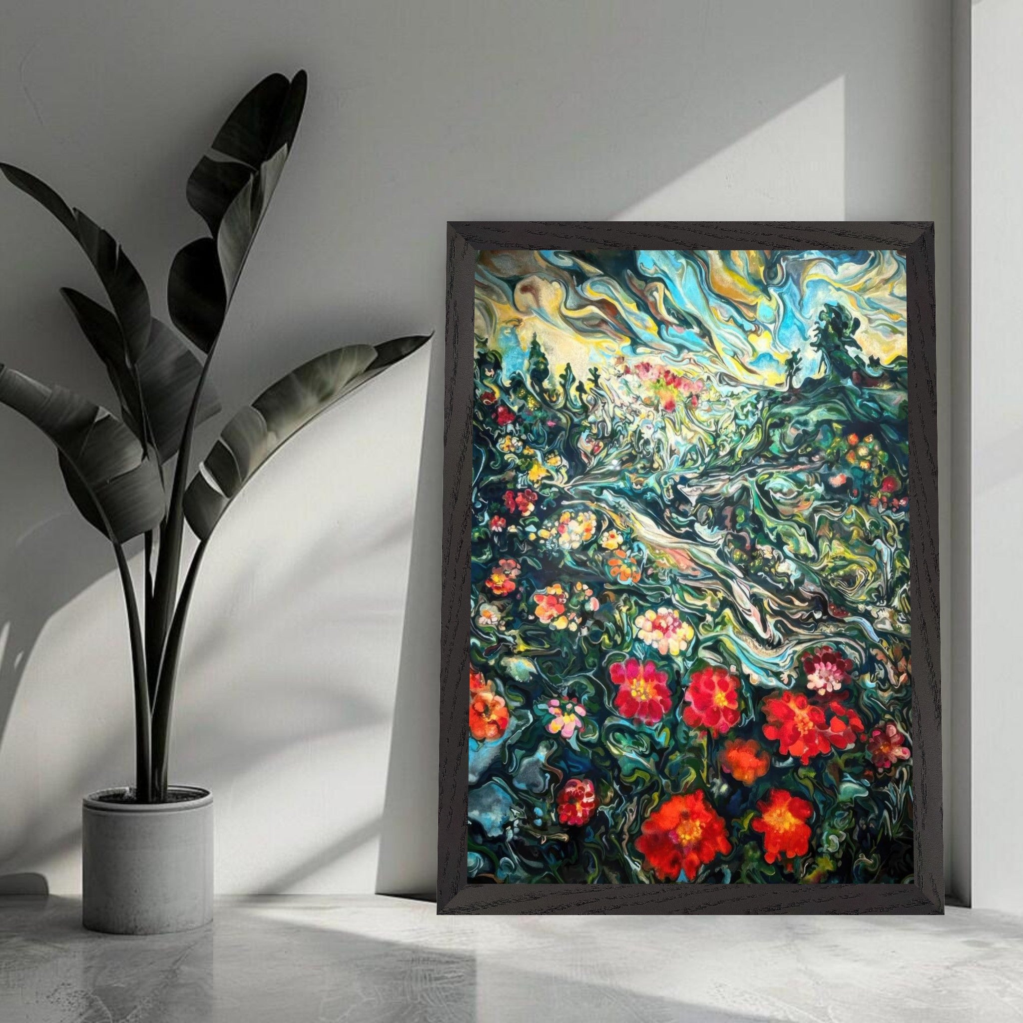 Abstract floral landscape painting in vintage frame displaying vibrant colors and blooms, adding elegance to home decor.