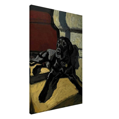 Black Labrador dog painting on canvas featuring a relaxed pose and rich earthy tones for home decor.