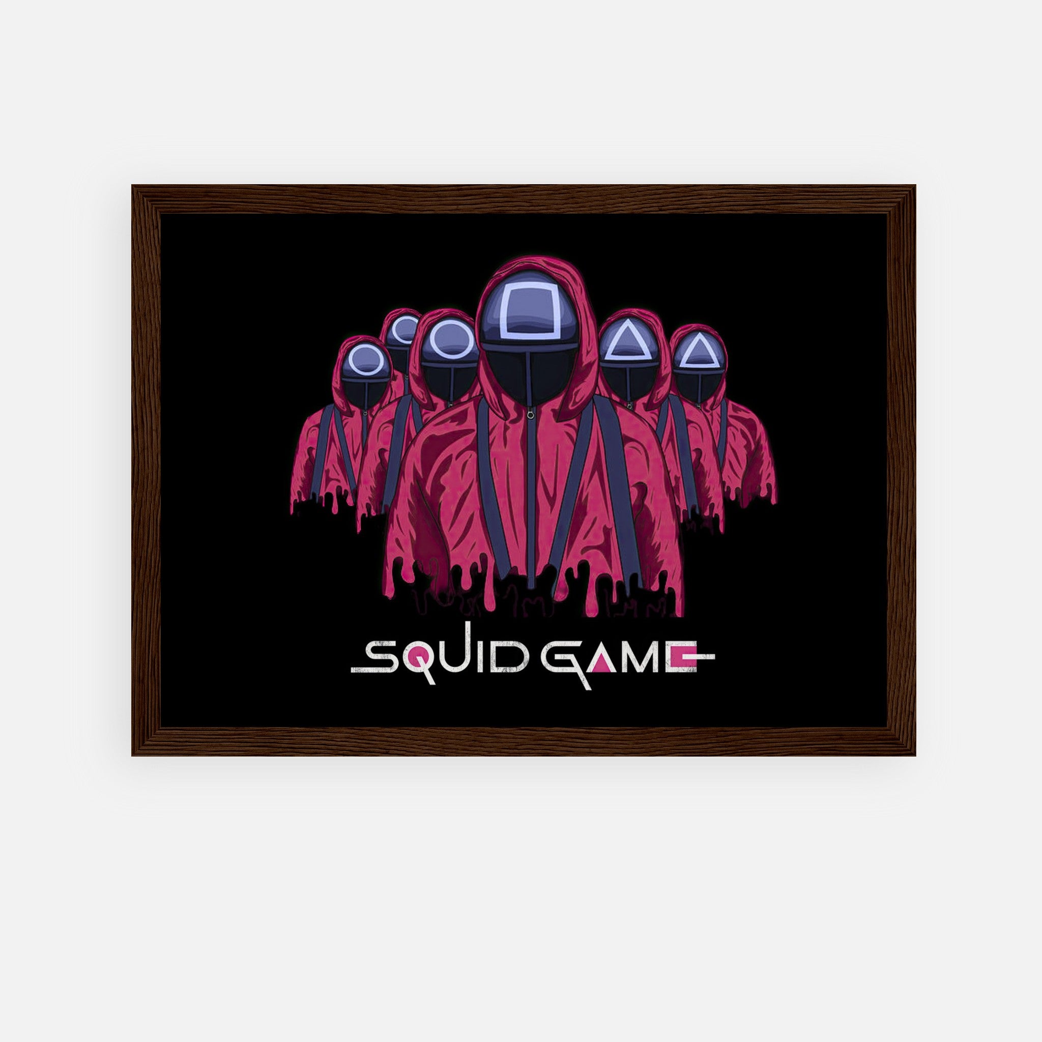 Squid Game Soldiers framed poster featuring iconic pink guards with geometric masks, perfect for fans of the series.