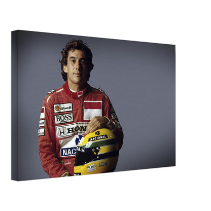 Ayrton Senna canvas print showcasing the legendary racer holding his helmet in a vibrant, gallery-style design.