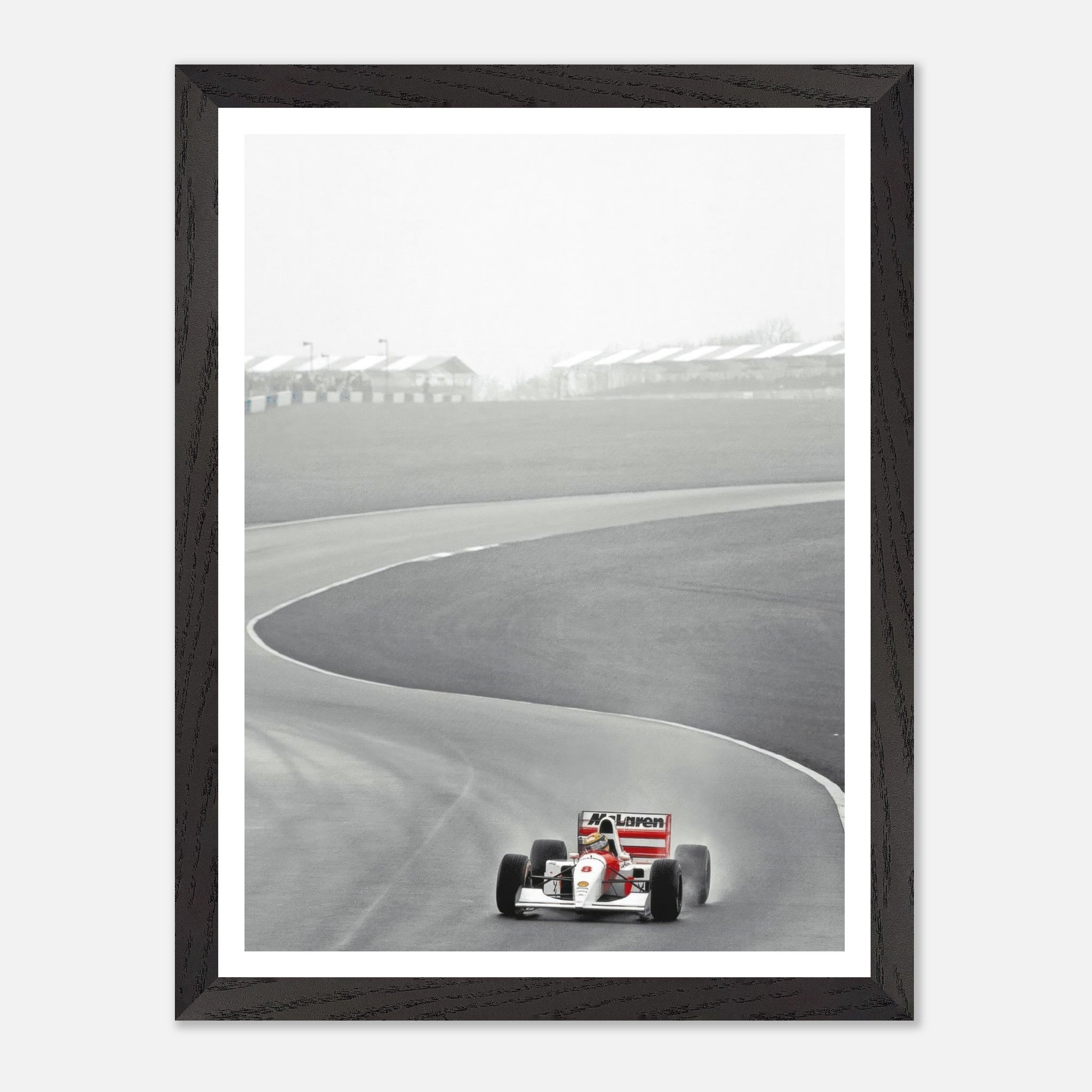 1988 Ayrton Senna McLaren MP4/4 vintage framed art photograph on track, capturing Formula 1's golden era.