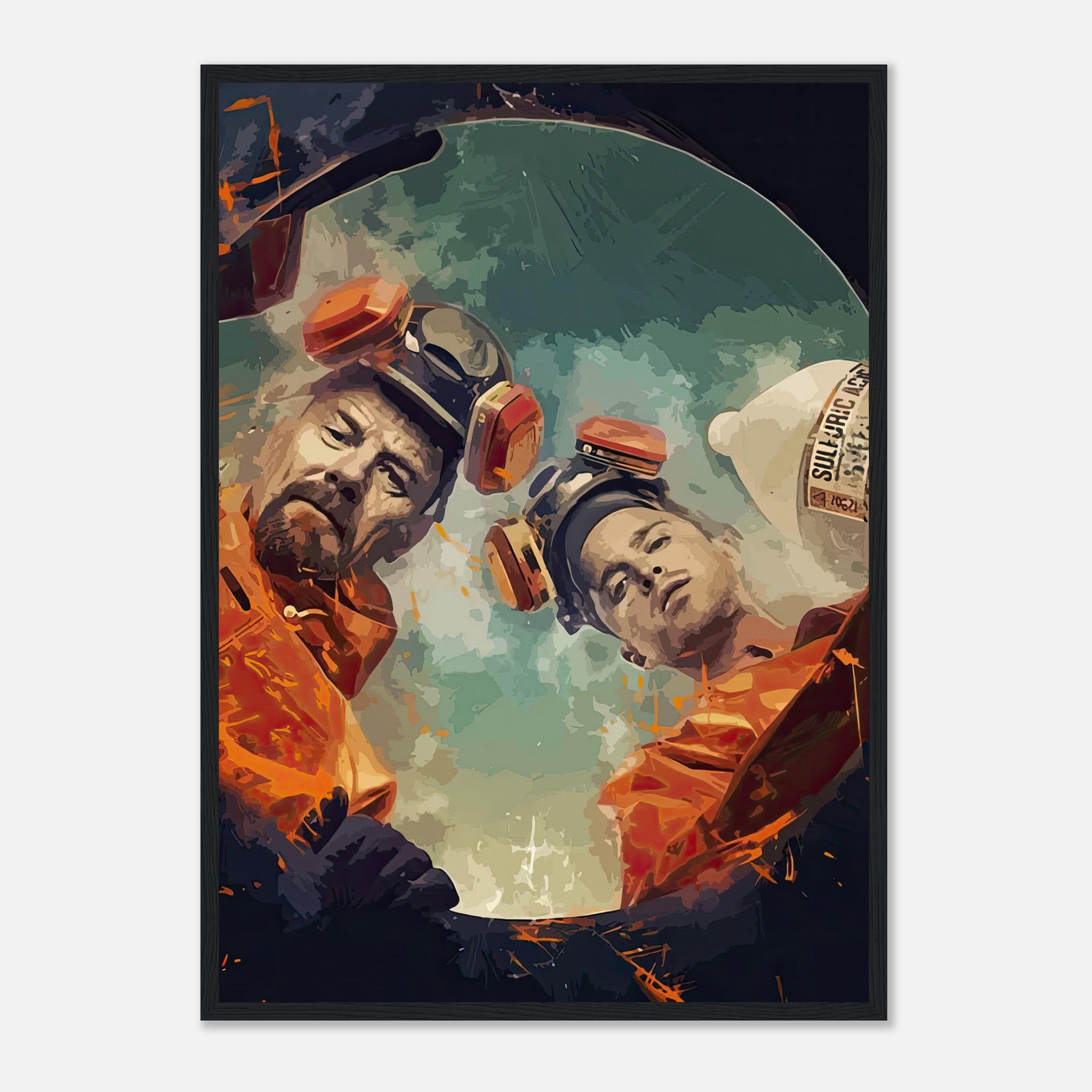 Framed print of Walter White and Jesse Pinkman in hazmat suits from Breaking Bad, showcasing vibrant colors and dramatic scene.