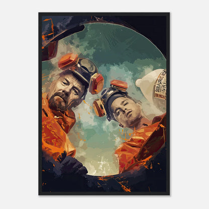 Framed print of Walter White and Jesse Pinkman in hazmat suits from Breaking Bad, showcasing vibrant colors and dramatic scene.