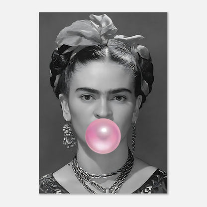 Frida Kahlo poster featuring a black-and-white image of her blowing a pink bubble gum bubble.