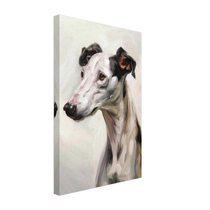 Greyhound dog portrait canvas print showcasing elegance and personality with soft brushstrokes and muted colors.