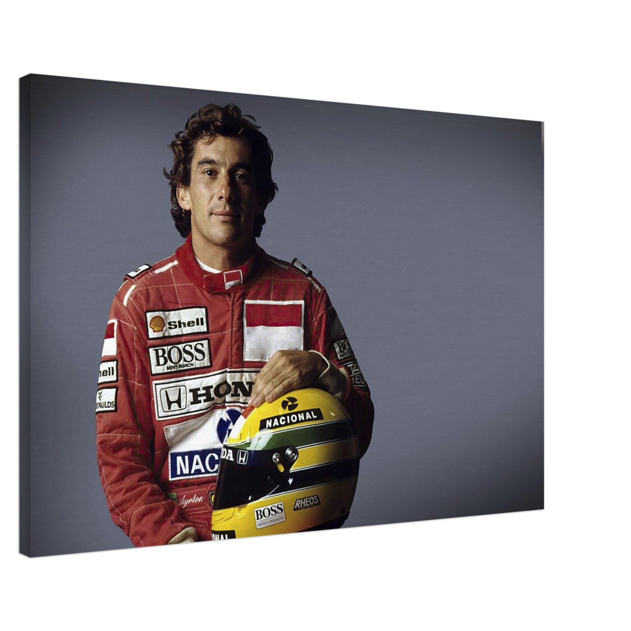 Ayrton Senna canvas print featuring iconic racing legend in red suit holding helmet, perfect for home decor.