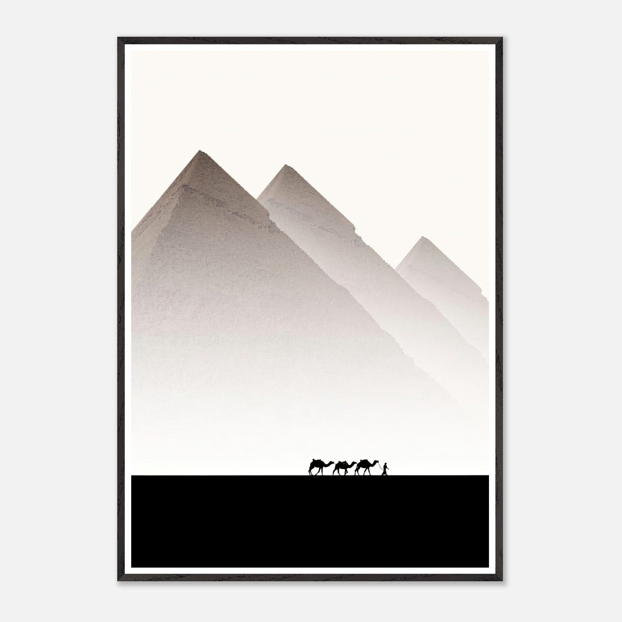 Framed Giclée fine art of the Pyramids of Giza with camels, showcasing minimalist design and elegant muted tones.