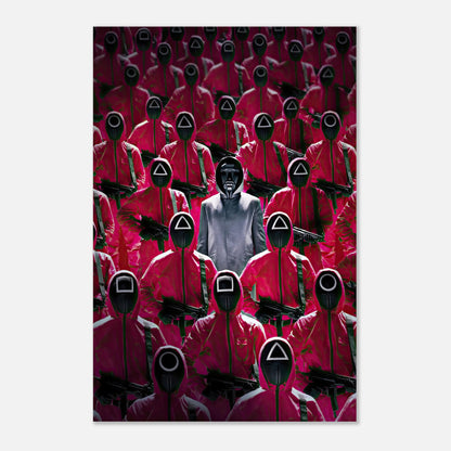 Squid Game Guards metal print featuring pink-clad guards and their leader in a striking design. Perfect for fans of the series.