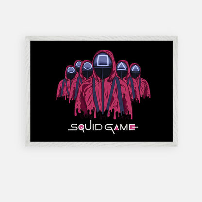 Squid Game Soldiers fine art print featuring iconic masked guards in red uniforms with vibrant colors and sharp details.