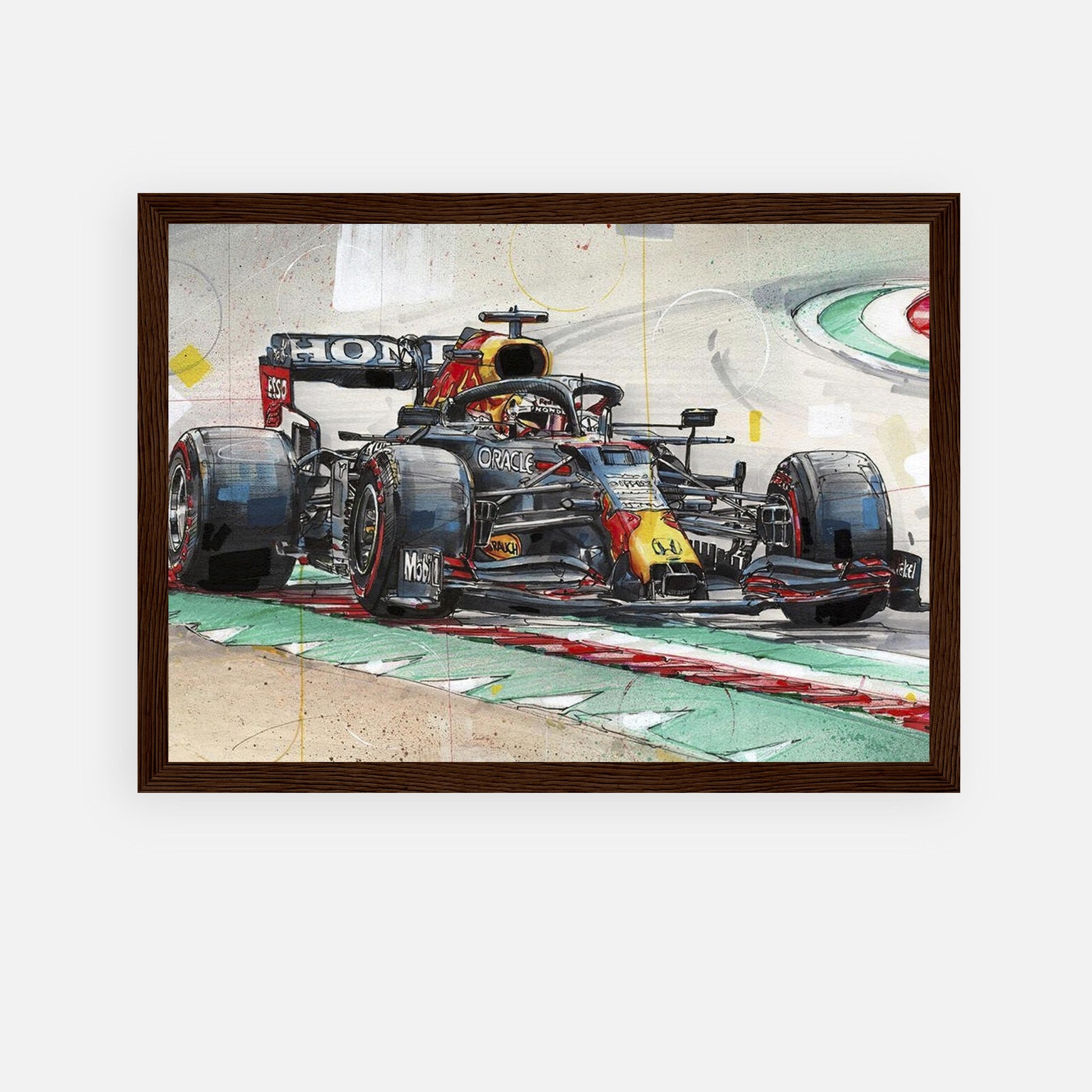 Max Verstappen framed print showcasing a detailed illustration of his Red Bull Racing car on the track.