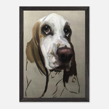 Basset Hound dog painting in vintage frame, showcasing expressive features and warm colors, perfect for home decor.
