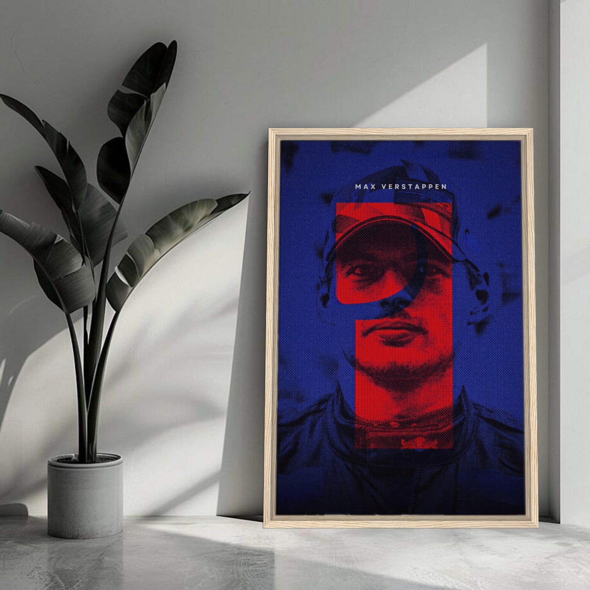 Max Verstappen framed canvas print featuring bold colors and modern design, perfect for elevating your space.