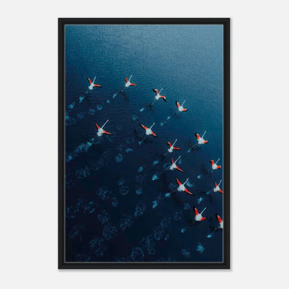 Framed canvas print of flamingos in flight over deep blue waters, showcasing stunning aerial photography.