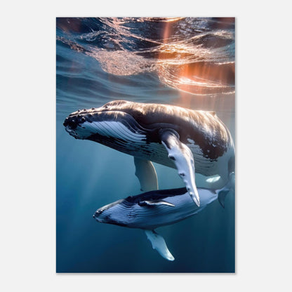 Underwater photography of a mother humpback whale and her calf swimming gracefully beneath sunlit waves.