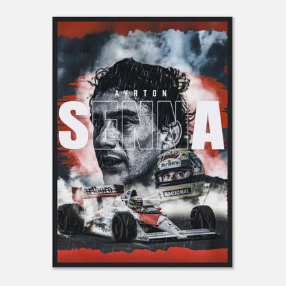 Ayrton Senna framed print featuring dynamic imagery of the F1 legend with vibrant colors and bold text.