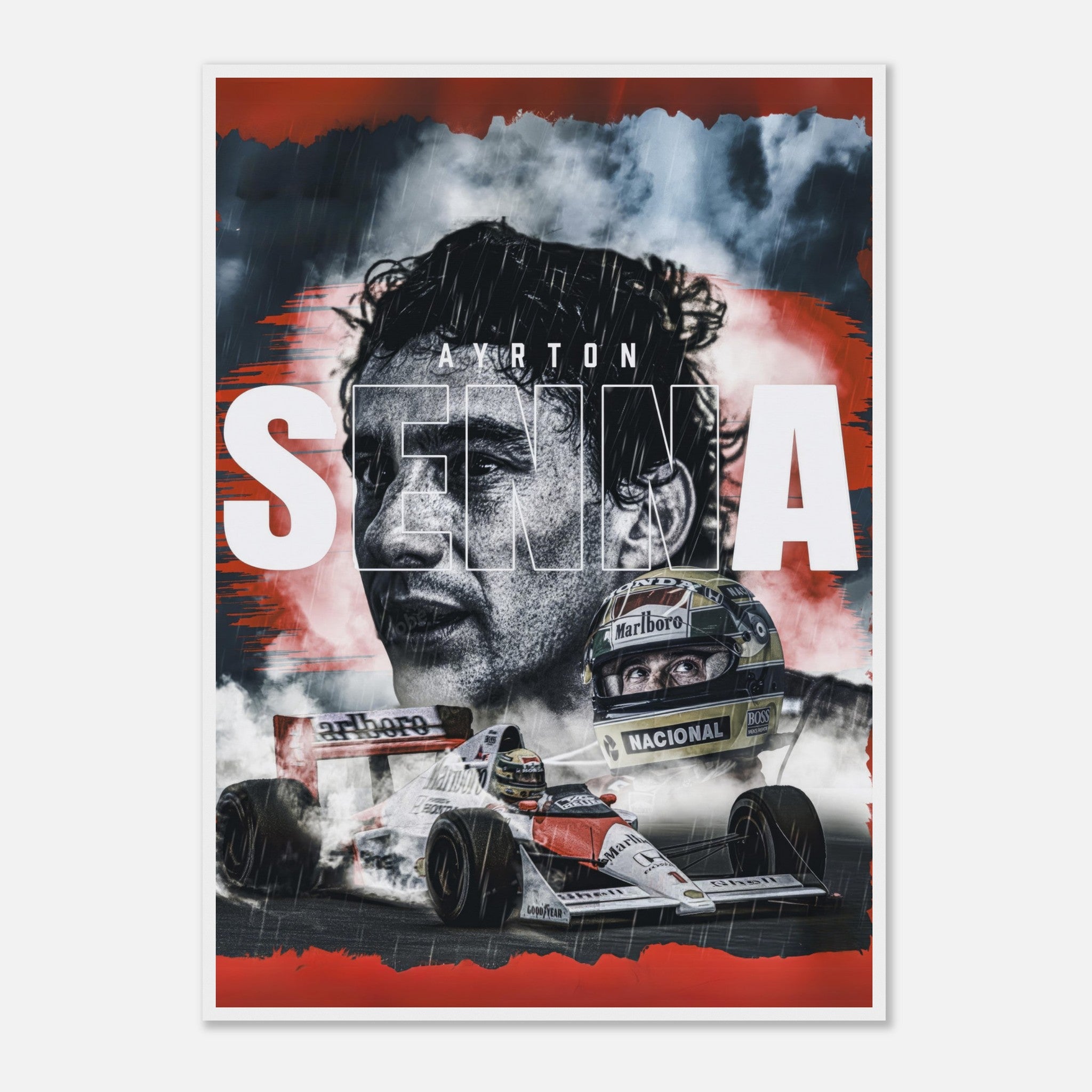 Ayrton Senna framed print showcasing vibrant imagery of the F1 legend and his iconic racing car. Perfect for motorsport fans.