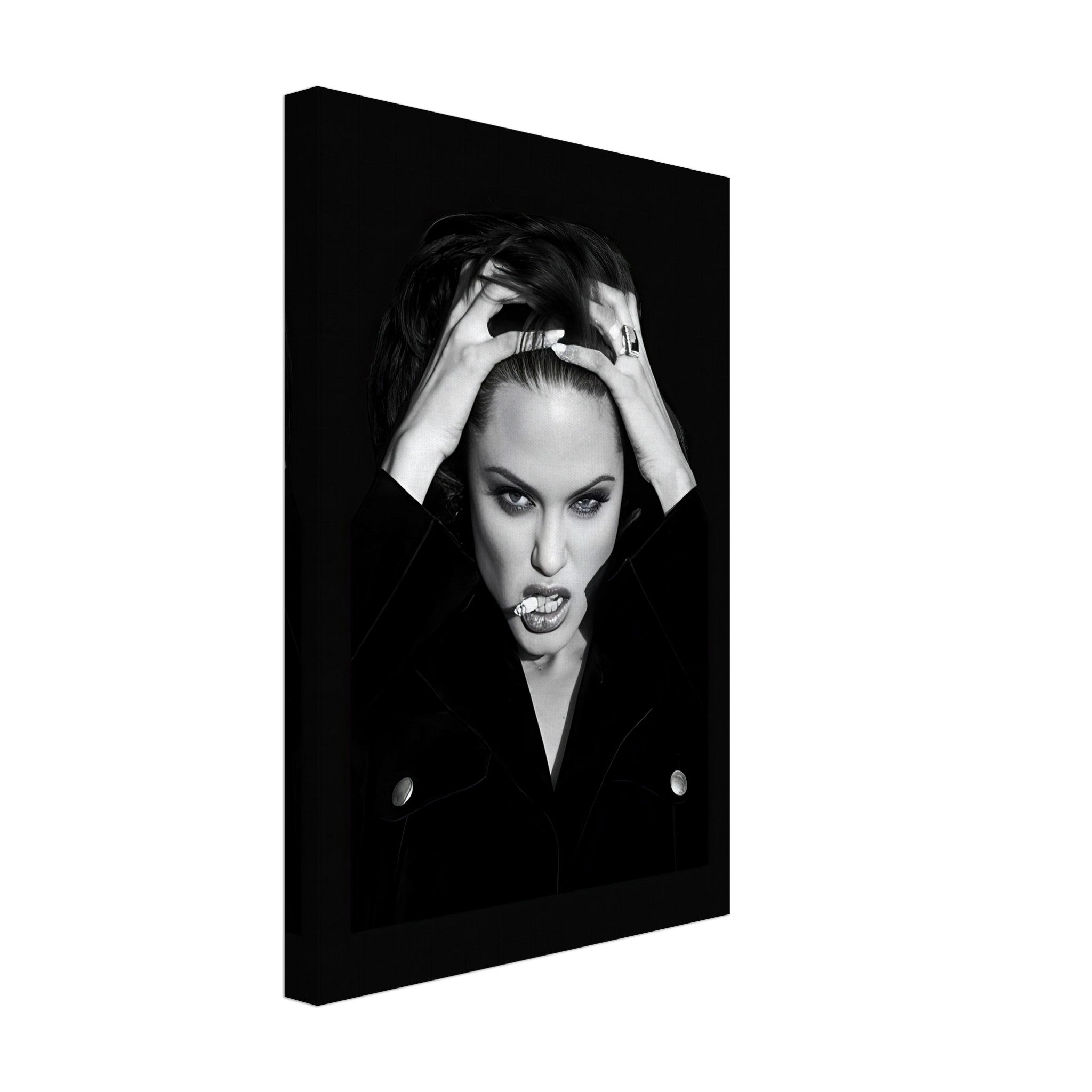 Black-and-white canvas art of Angelina Jolie exuding elegance and intensity, perfect for modern interior decor.