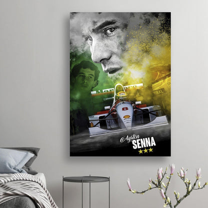 Ayrton Senna F1 McLaren poster featuring a vibrant design and iconic image of the legendary driver in action.