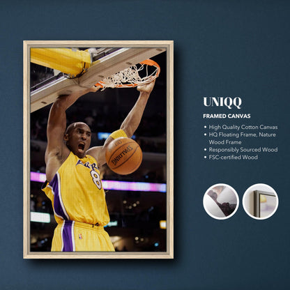 Kobe Bryant iconic slam dunk framed canvas print showcasing his powerful gameplay on premium canvas.