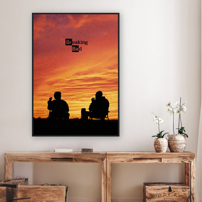 Breaking Bad framed poster featuring Walter White and Jesse Pinkman silhouetted against a sunset, perfect for fans.