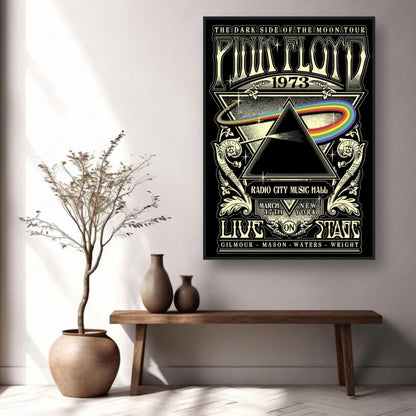 Pink Floyd The Dark Side of the Moon framed print on wall, showcasing 1973 Radio City Music Hall tour design.